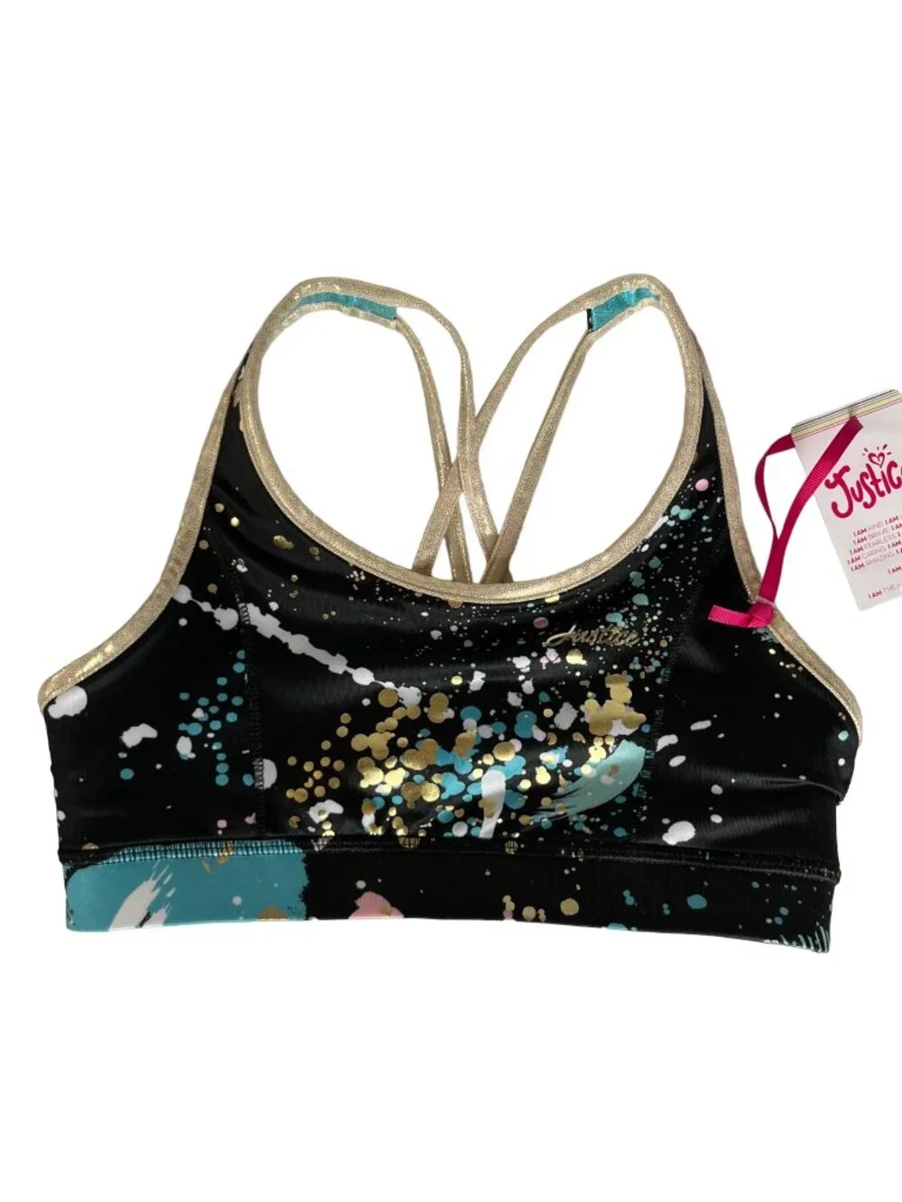 Justice Reversible Crisscross Sports Bra Girls 14/16 Black Gold New Splatter Me